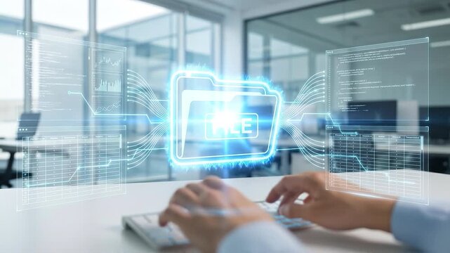 Digital file folder hologram floating above keyboard with hands typing, digital data charts and cloud storage transfer, file folder icon overlay, secure document synchronization and transfer