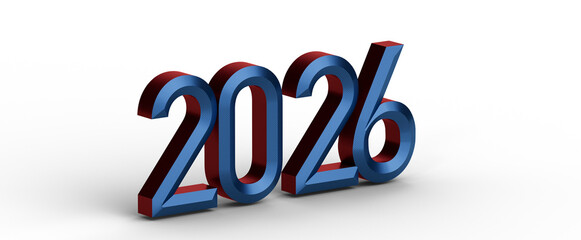 3D render of the year 2026 with metallic blue and red text on a white background. Perfect for...