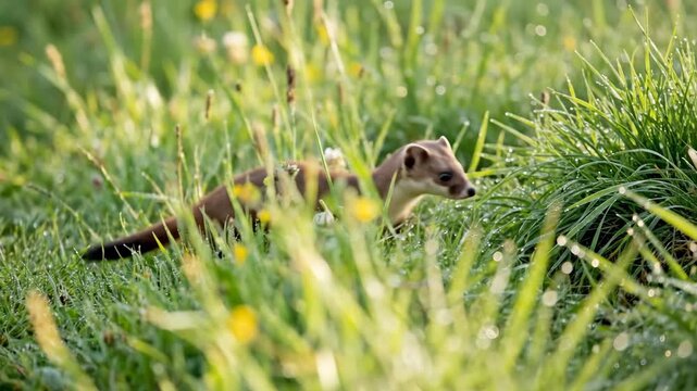 A small brown weasel scurries through lush green grass dotted with tiny yellow flowers The sunlight creates a vibrant natural scene teeming with life