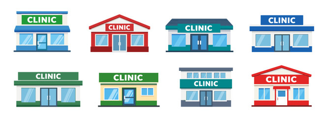 Naklejka premium Clinic building collection in flat cartoon style featuring medical clinics with clean and modern facades for healthcare and hospital concepts