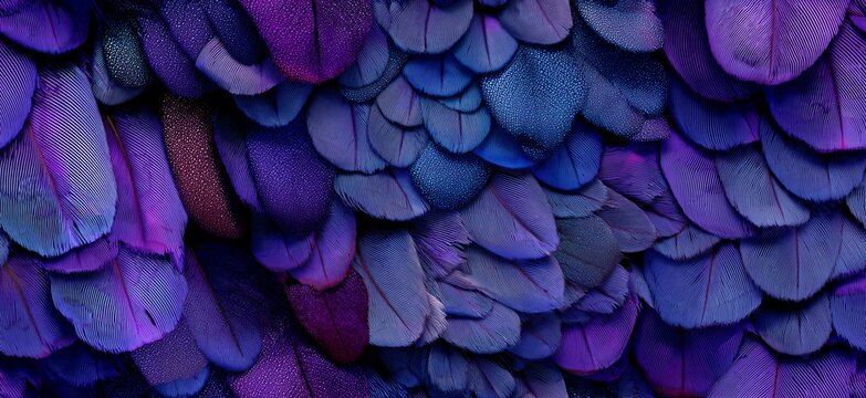Purple and blue feathers creating abstract texture background. Overlapping purple and blue feathers creating a soft, natural, and rich textural pattern
