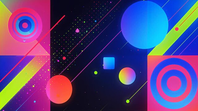 Geometric abstract art featuring vibrant neon squares circles and triangles.