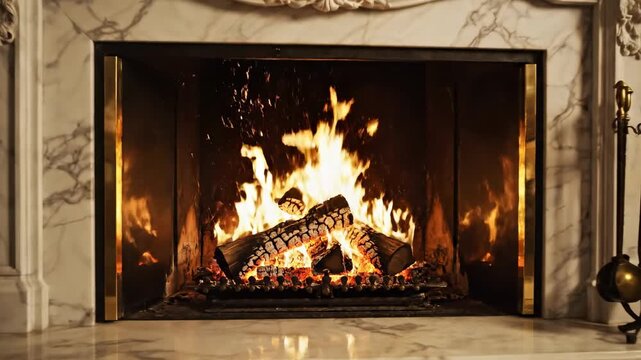 Cozy Fireplace with Burning Logs and Elegant Decor.