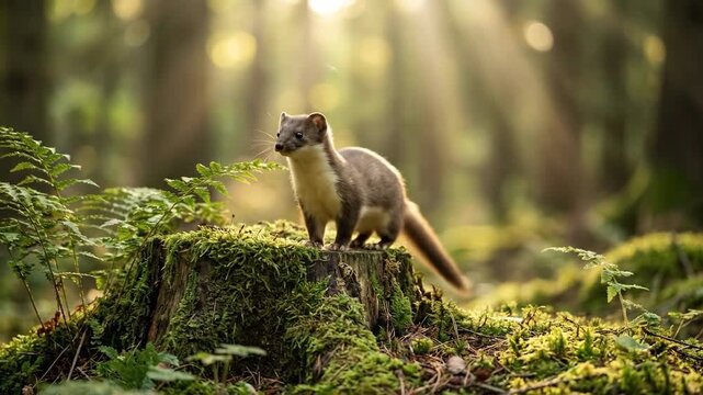 A small ermine pauses in a sun dappled forest amidst lush green moss on an ancient tree stump Golden light filters through the trees illuminating the serene woodland scene