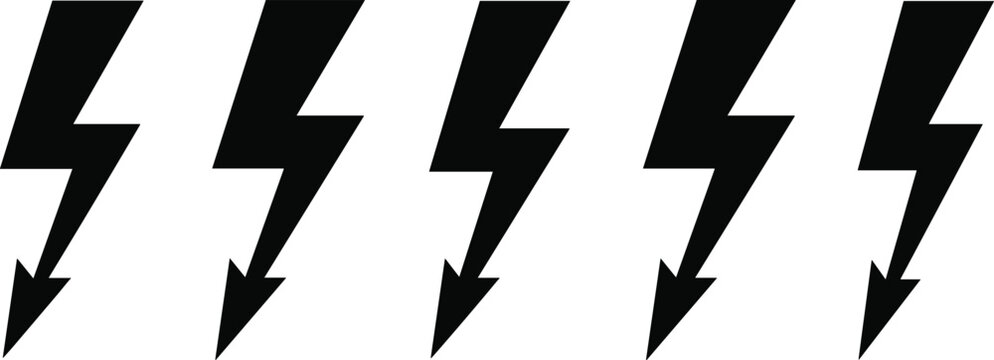 Black Lightning Bolt Silhouette Icons Representing Electrical Power Energy and High Voltage