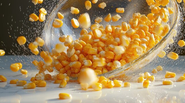 Corn kernel scatter fresh corn kernels flying from glass bowl water splash dynamic motion white surface culinary ingredient movement