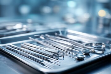 surgical instruments are arranged on a metal tray