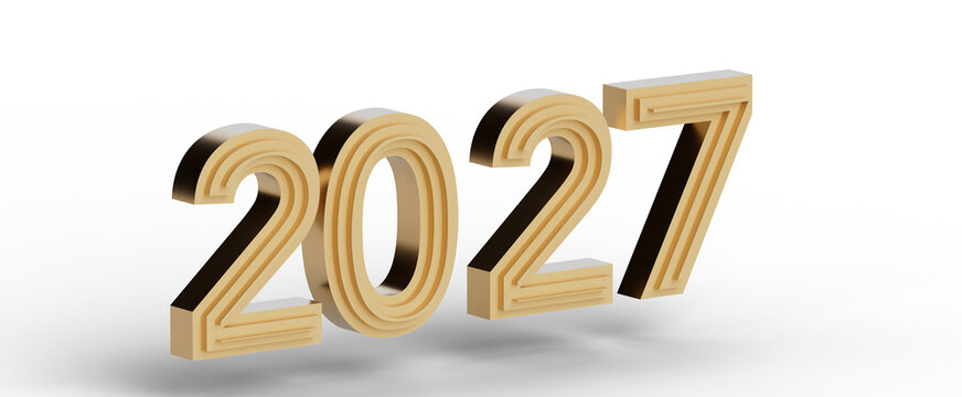 Stylish 3D rendering of the year 2027 in gold. Perfect for new year themes, resolutions, future concepts, and event anno