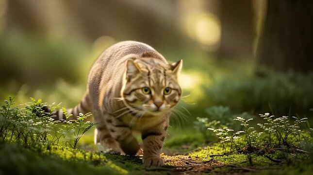 Wild cat exploring forest with green foliage and sunlight