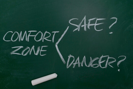 Comfort Zone concept on a green chalkboard, safe or danger, representing risk taking and personal growth