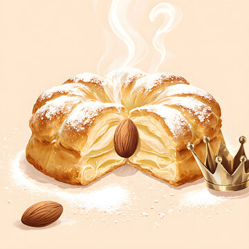 Golden galette des rois puffed pastry pie sliced open with almond  