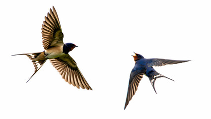 Obraz premium Two swallows flying together in the air