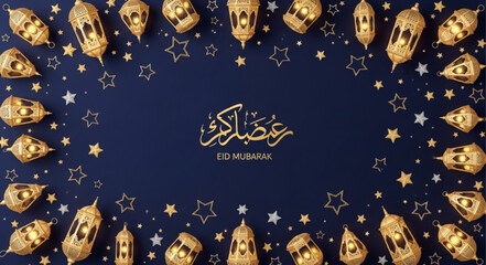 Ramadan Kareem Islamic greeting with lanterns and stars. © Jahit