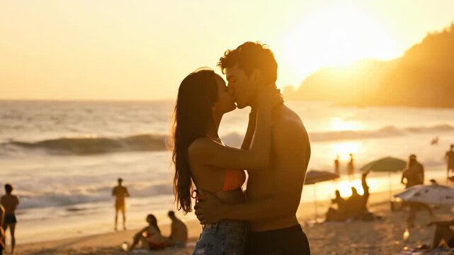 A couple embraces intimately on a sandy beach during a golden sunset with gentle waves lapping the shore and silhouettes of beachgoers enjoying the evening