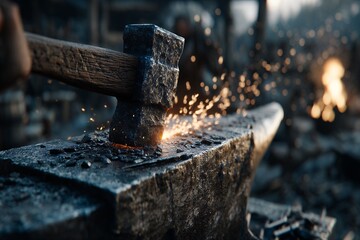 a blacksmith hammering hot iron in a forge © Vilius