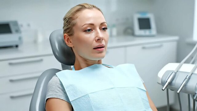 A woman sits in a dental chair with a bib around her neck, conveying dental pain concept in a clinic