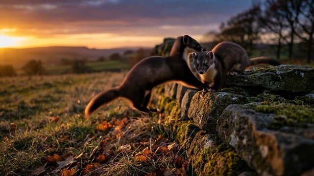 Two badgers playfully leap over a weathered stone wall at sunset Lush green grass and scattered autumn leaves create a vibrant wild scene