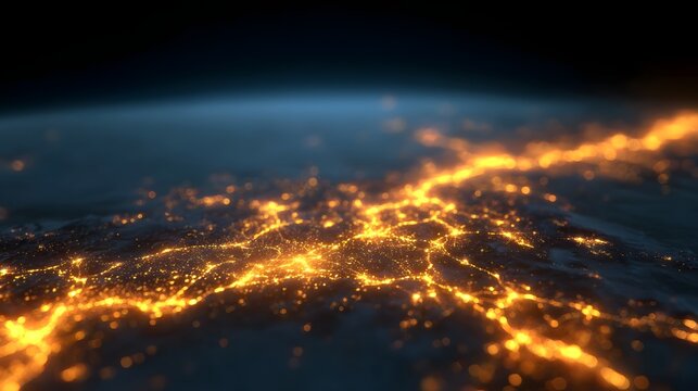 A vibrant network of glowing lights illuminates a dark planetary landscape from orbit