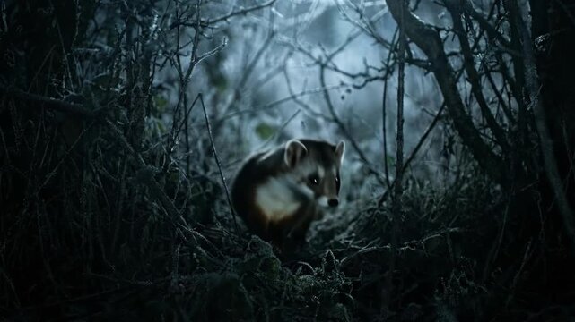 A lone wolf stands stoically in a dark eerie forest under moonlight The atmosphere is mysterious and slightly intimidating evoking a sense of wildness
