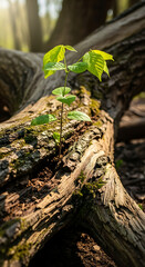 New life emerges from fallen tree in forest sunlight.