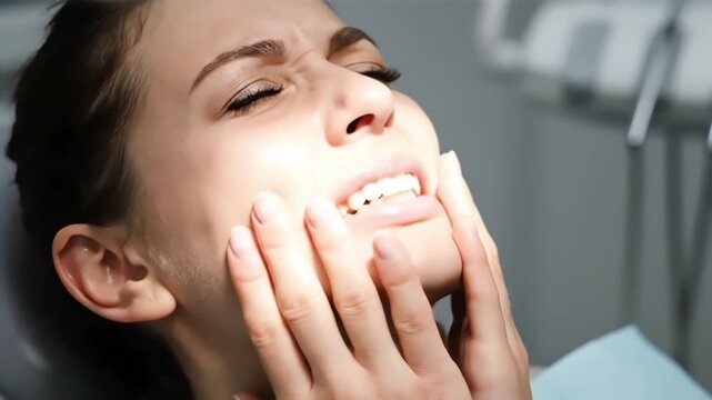 Woman experiencing dental pain concept, clutching her jaw in discomfort in a dental office setting with a worried expression