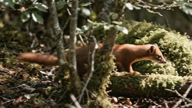 A curious weasel with reddish brown fur stands alert amidst dense green foliage in a sun dappled forest environment It observes its surroundings with keen interest and caution