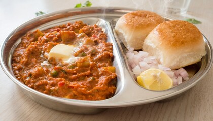 Delicious Pav bhaji meal with spicy vegetable curry and bread rolls served in a metal plate during lunchtime at a local eatery