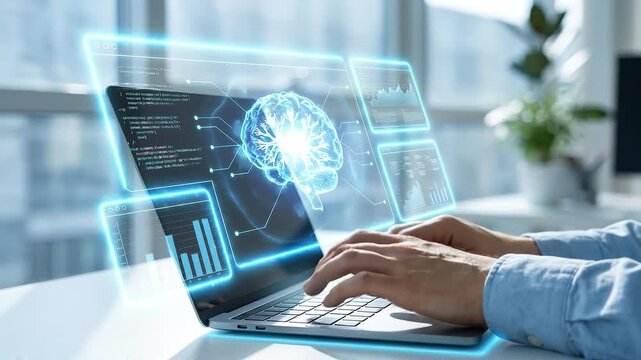 Neural network visualization laptop with holographic brain and data chart dashboards, artificial intelligence interface displaying neural network code and analytics while developer hands type modern
