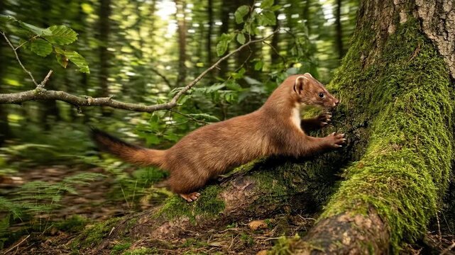A brown stoat scurries through a lush green forest Sunlight filters through tree branches highlighting mossy bark and dense foliage