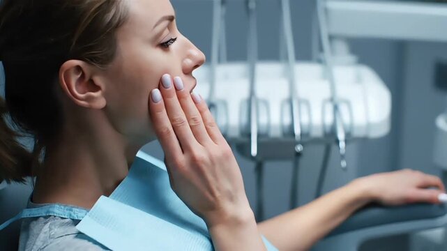 Woman experiencing dental pain in a dentist's office with a dental chair in the background, holding her cheek in discomfort