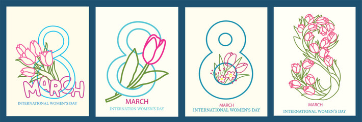 Elegant International Women’s Day poster set with 8 March typography and floral line art. Trendy minimal vector cards for social media, flyers, banners, prints and women empowerment campaigns. © Jonal
