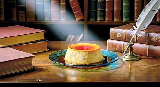 Dark Academia Flan Pensive Still Life Dessert With Antique Books