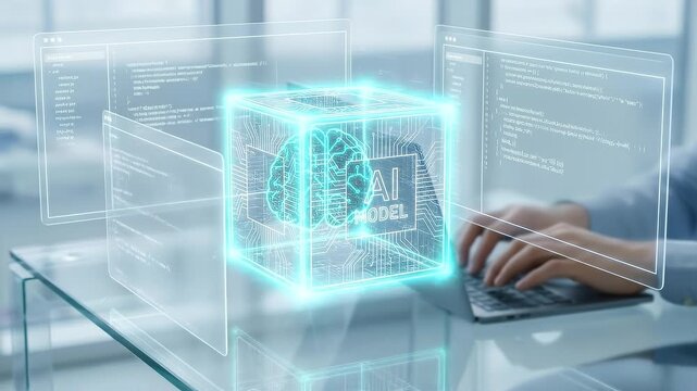 AI model holographic cube desk with transparent code windows and hands typing laptop, AI model hologram cube and brain illustration over person typing laptop, AI model hologram cube floats above