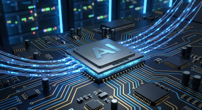 Artificial intelligence chip connection. Technology. Chip close-up. Modern technologies