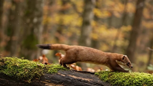 A brown mustelid with a long tail leaps across mossy branches in a vibrant autumn forest The dynamic movement captures nature s wild spirit and seasonal beauty