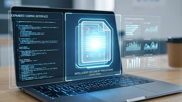 Intelligent document processing interface with glowing holographic file icon and data visualization dashboard over laptop keyboard. layered document icon, code, AI data charts and interface panels