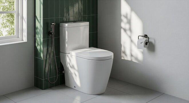 Modern white toilet with green tiled bathroom wall and bidet hose
