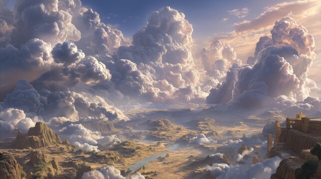 Visualization of the biblical creation story showing the landscape filled with clouds and mountains under a radiant sky