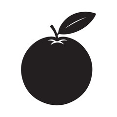 Simple black and white illustration of a round orange with a single leaf