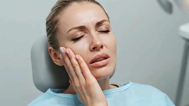 Woman experiencing dental pain sitting in a dentist's chair with her hand on her cheek in a clinical setting