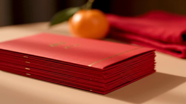 Stack of vibrant red envelopes (hongbao) with a fresh mandarin orange and red fabric, symbolizing prosperity and good fortune for Lunar New Year or...