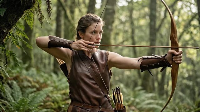 A determined archer in rustic attire draws a bow in a lush green forest Sunlight filters through the dense canopy illuminating a scene of focused action and natural beauty