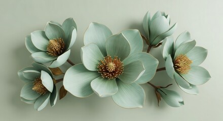 Obraz premium A cluster of pale green flowers with yellow centers on a plain background