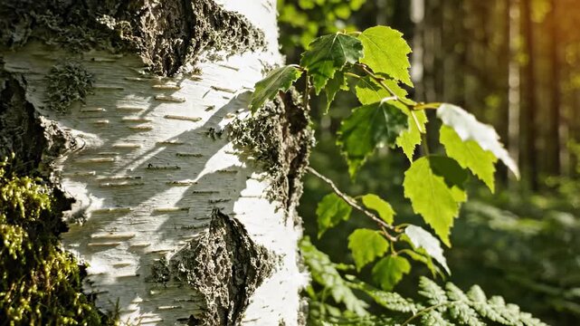 Close-up of a birch tree trunk with green leaves in the forest.