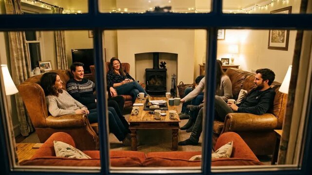 A warm cozy gathering of friends and family indoors around a fireplace laughing and enjoying each others company during the evening