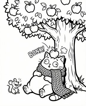 Funny Cat Coloring Page: A cartoon kitty gets bonked on the head by a falling apple while a mouse laughs. Humorous line art for children's activity books.