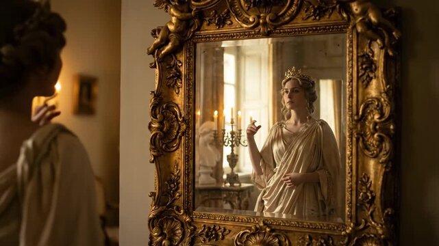 Ornate golden mirror reflects a classical statue within a dimly lit opulent room featuring antique furniture and flickering candlelight creating a timeless elegant atmosphere