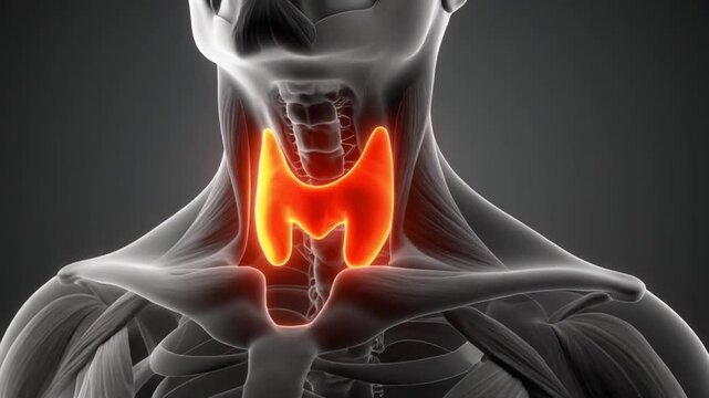 Human skeleton with highlighted thyroid gland in neck, dark background, medical illustration