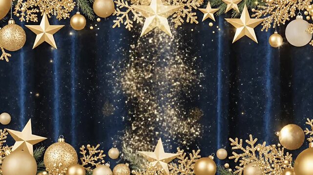 Luxurious gold-ornamented holiday frame surrounding a deep blue velvet backdrop with festive sparkle