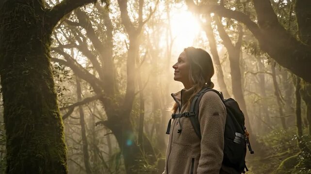 A solitary figure stands amidst a mystical misty forest filled with ancient trees moss and dappled sunlight creating an ethereal serene atmosphere for exploration